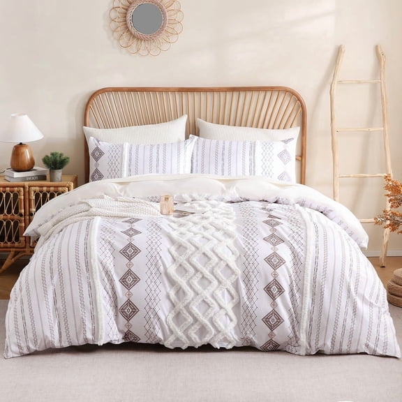 100% Cotton Tufted Duvet Cover Set Queen 3 Pieces Light Brown Boho Chic Farmhouse Bedding Set with Zipper Closure and Ties Mid Century Modern Comforter Cover All Seasons