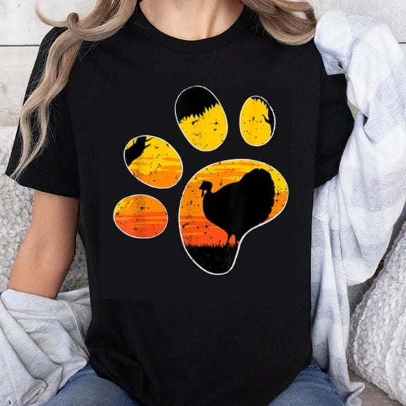 100% Cotton Turkey Paw Print Sunset Design Halloween Thanksgiving Dog Lover T-Shirt Women Men Unisex Casual Shirt