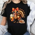 thumbnail image 1 of 100% Cotton Turkey Thanksgiving Day Funny Cartoon Bird Holding Coffee and Cupcake Women's T-Shirt Holiday Gift Shirt, 1 of 5