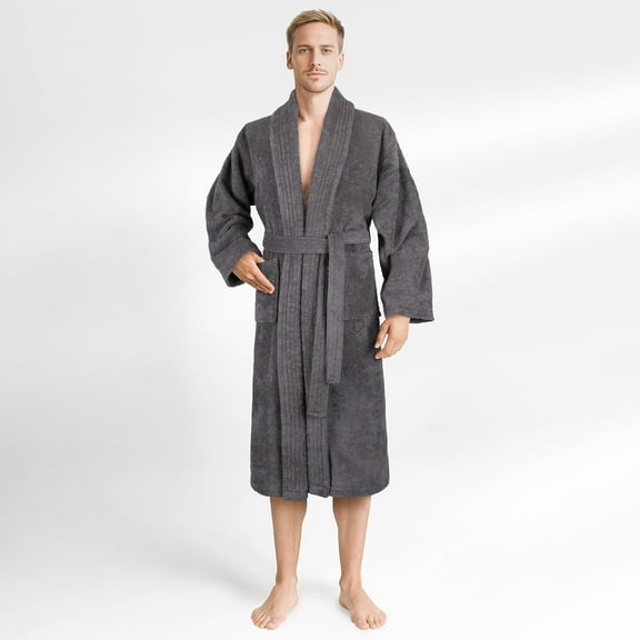 100% Cotton Turkish Bathrobes, Soft Absorbent Lightweight Men Robes, Large, Gray