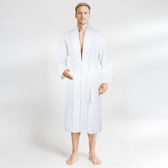 100% Cotton Turkish Bathrobes, Soft Absorbent Lightweight Men Robes, Large, White
