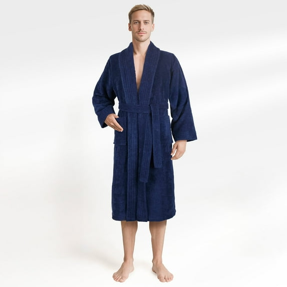 100% Cotton Turkish Bathrobes, Soft Absorbent Lightweight Men Robes, X-Large, Navy Blue