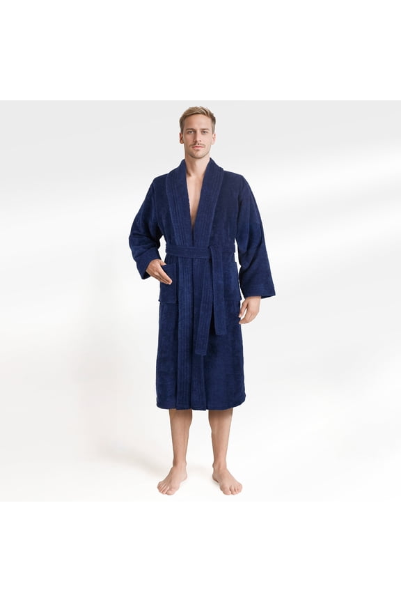 100% Cotton Turkish Bathrobes, Soft Absorbent Lightweight Men Robes, X-Large, Navy Blue