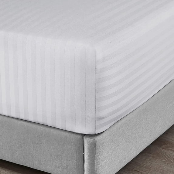 100% Cotton Twin Fitted Sheet 1 Piece, Fits Mattress Upto 18" Inch Soft & Comfy Sheets, Hotel Luxury 500TC Fitted Sheet Only, All Around Elastic Mattress Covers & Protectors - White Stripe.