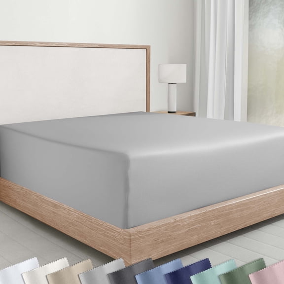 100% Cotton Twin Fitted Sheet Only, Sateen, Deep Pocket, All-Around Elastic, Head/Foot Side Indicators, Light Grey