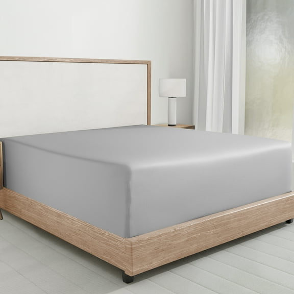 100% Cotton Twin Fitted Sheet Only, Sateen, Deep Pocket, All-Around Elastic, Head/Foot Side Indicators, Light Grey