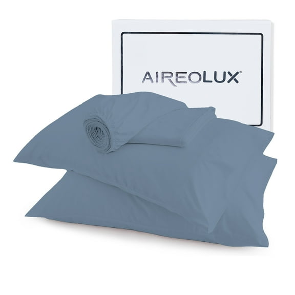 100% Cotton Twin Sheet Set, 600 Thread Count Wrinkle-Resistant, Soft & Silky Sateen 3-Piece Set Blue by Aireolux