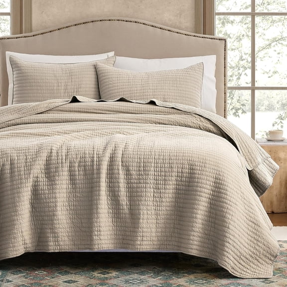 100% Cotton Twin Size Quilt Set - Beige Neutral Striped Pick Stitch Soft Lightweight Bedspread, Textured Like Linen, Farmhouse Country Rustic Coverlet, Shabby Chic Gauze Bedding, 2 Pieces