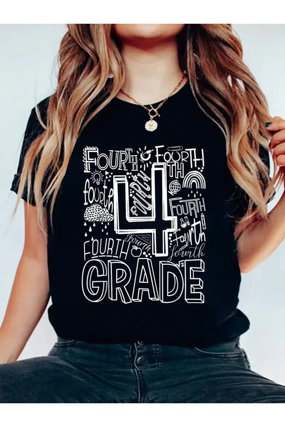 100% Cotton Typography 4th Grade Team Student Teacher T-Shirt for Men Women Girls Kids Women's Graphic Tee Casual Tops
