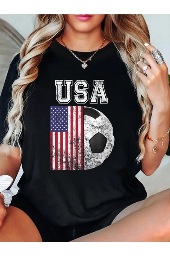 100% Cotton USA Flag - Soccer Futbol Football T-Shirt Women's Graphic Tee Casual Tops
