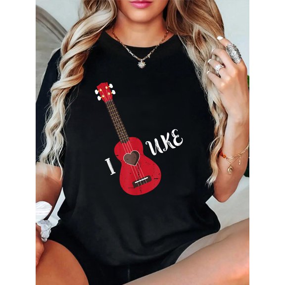 Cotton Ukulele T Shirt - I Love Uke T Shirt Heart Ukulele Shirt Women's Graphic Tee Casual Tops