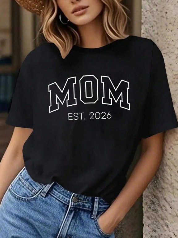 100% Cotton Unisex 1pcs - Promoted To Mom Est 2026 Lettering First Time Mama To Be T-Shirt - Soft 100% Cotton, Breathable, Casual Short Sleeve Top For Spring & Summer For T-Shirt Lovers 230g