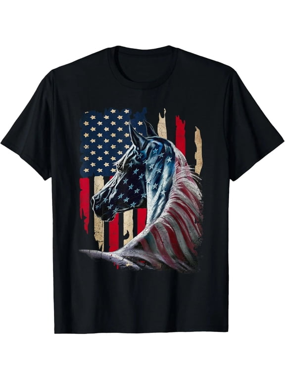 100% Cotton Unisex Adult Patriotic Horse T Shirt, American Flag Vintage Horse Graphic Tee, Western Country Style Casual Short Sleeve Shirt for Men and Women, Patriotic Gift
