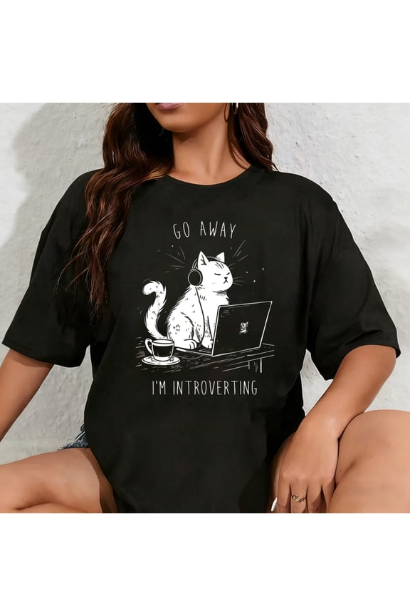 100% Cotton Unisex Antisocial Introvert Cat with Coffee on Computer Emo Goth T-Shirt for Men Women