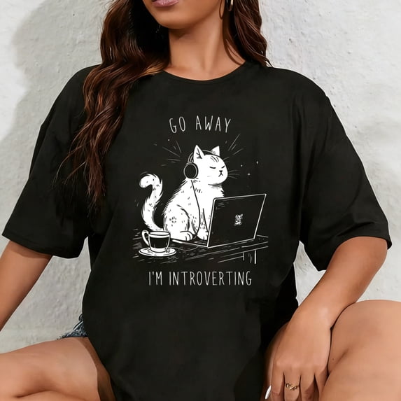 100% Cotton Unisex Antisocial Introvert Cat with Coffee on Computer Emo Goth T-Shirt for Men Women