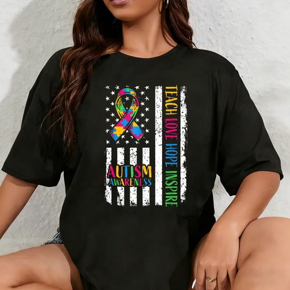 100% Cotton Unisex Autism Awareness Shirt Ribbon Mom Dad American Flag Autism T-Shirt