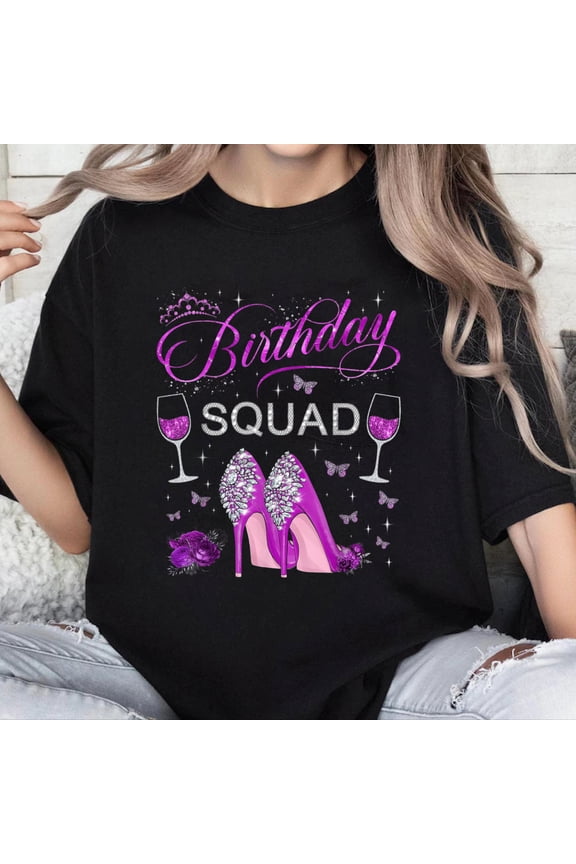100% Cotton Unisex Birthday Squad Purple Butterflies High Heels Diva Squad T-Shirt