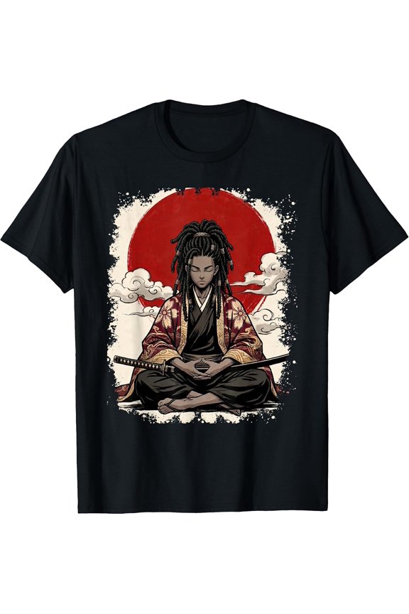 100% Cotton Unisex Black Anime Samurai Warrior Japanese Art T-Shirt