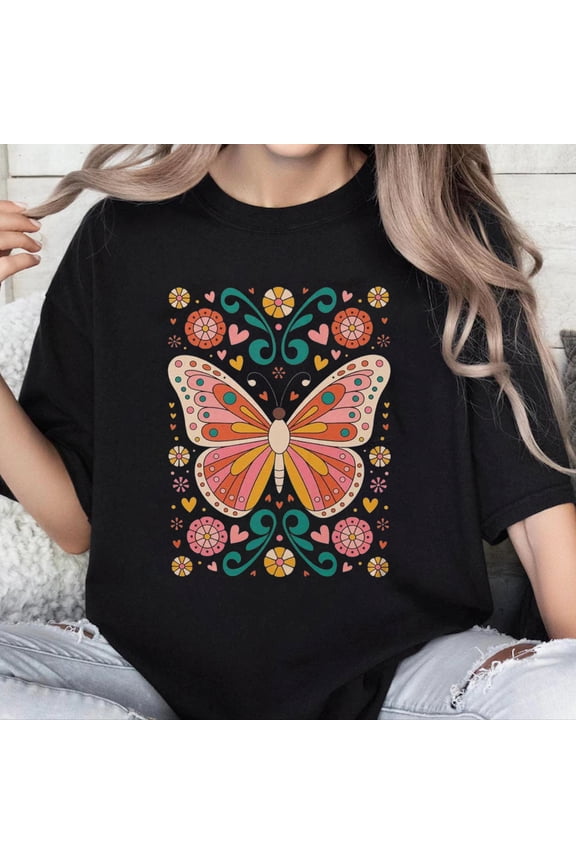 100% Cotton Unisex Butterfly Flowers Shirts Graphic Tees for Women, Colorful Funny Womens Oversized T Shirt Crewneck Short Sleeve Casual Tops