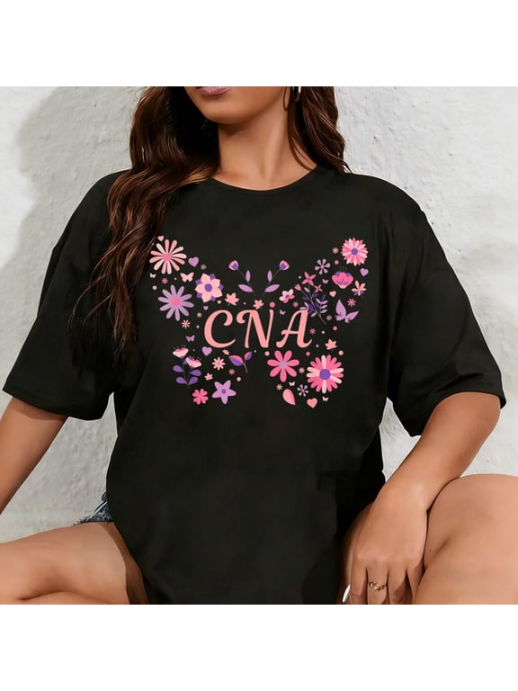 100% Cotton Unisex CNA Certified Nursing Assistant - Butterfly Pretty Flowers T-Shirt