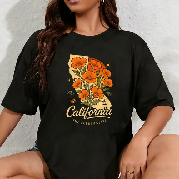 100% Cotton Unisex California Poppy Flower Vintage The Golden State Retro T-Shirt