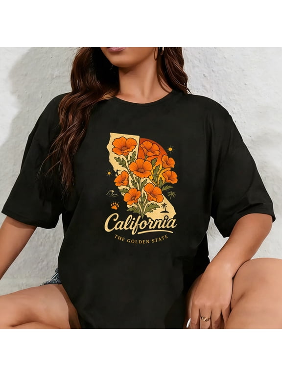 100% Cotton Unisex California Poppy Flower Vintage The Golden State Retro T-Shirt
