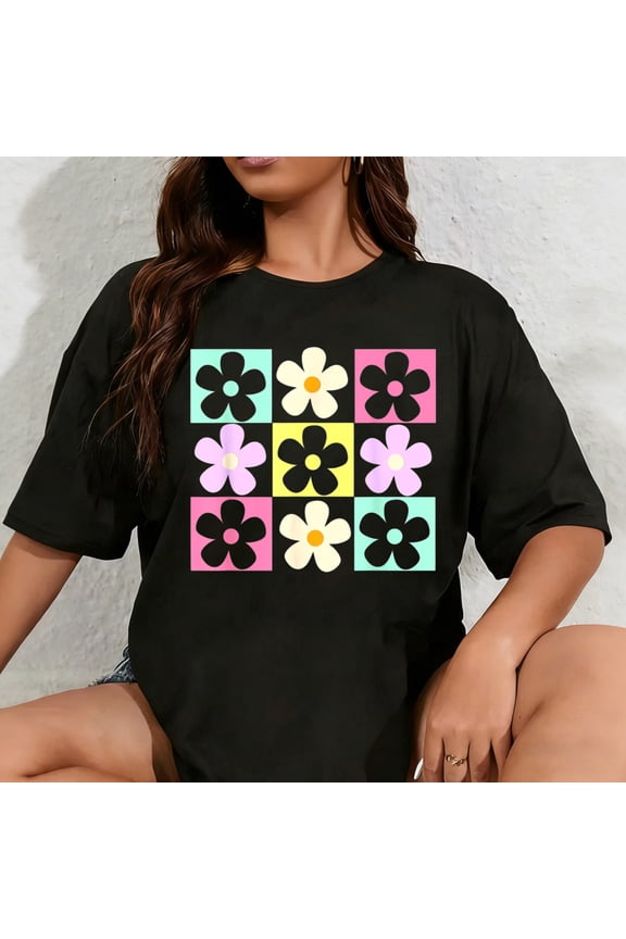 100% Cotton Unisex Cute Flower Pattern Retro Groovy Daisy Flower 70s T-Shirt