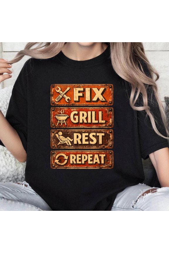 100% Cotton Unisex Dad Fix Grill Rest Repeat Mens BBQ Funny Dad Saying Daddy T-Shirt