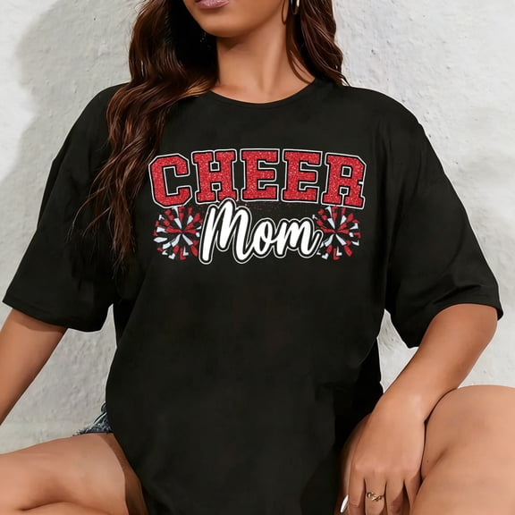 100% Cotton Unisex Funny Loud Proud Cheer Mom Mama Cheerleading Red Black Pom T-Shirt