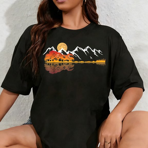 100% Cotton Unisex Guitar Lake Mountain Reflections Shadow Love Guitar Musician T-Shirt