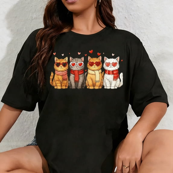 100% Cotton Unisex Happy Meowentines Cute Cat Valentine Funny Hearts Women Girl T-Shirt