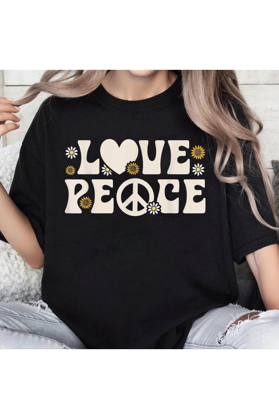 100% Cotton Unisex Hippie Women Men Love Peace Retro 70s Daisy Sunflower Groovy T-Shirt