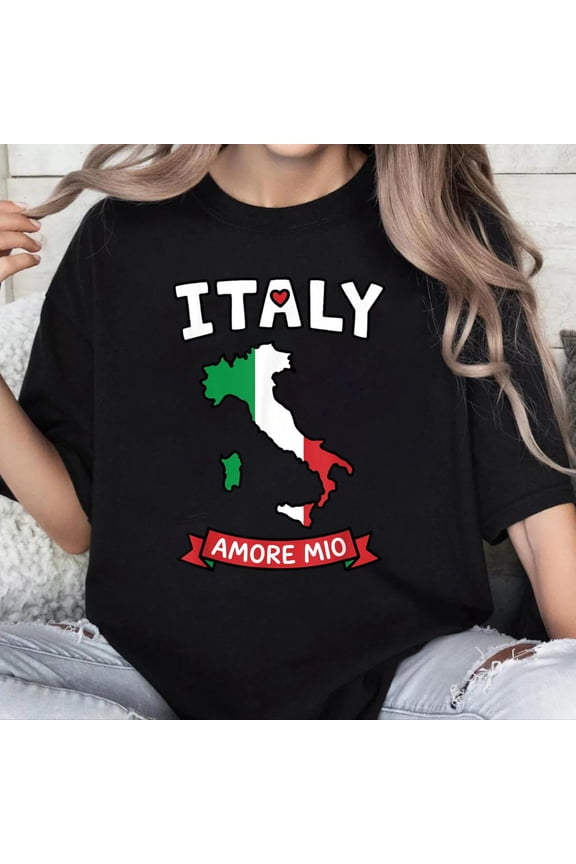 100% Cotton Unisex Italy Amore Mio Map, Italian Pride Flag Colors Souvenir T-Shirt