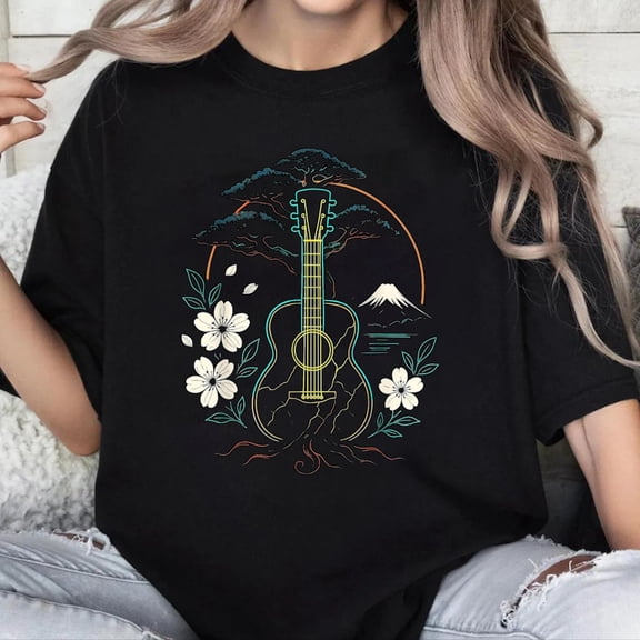 100% Cotton Unisex Japanese Art Guitar Men Women Kids Funny Musician T-Shirt