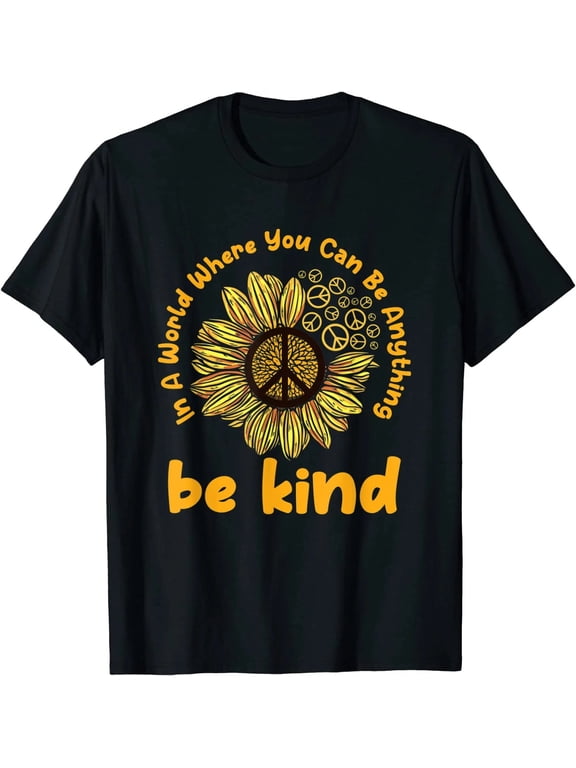 100% Cotton Unisex Be Kind Shirt, Sunflower Peace Sign Graphic Tee for Men Women, Inspirational Positive Message T Shirt, Hippie Boho Casual Short Sleeve Gift Top