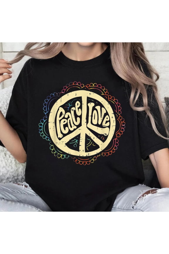 100% Cotton Unisex Love Peace Symbol Flower Vintage 80s Retro Hippie Hippy T-Shirt