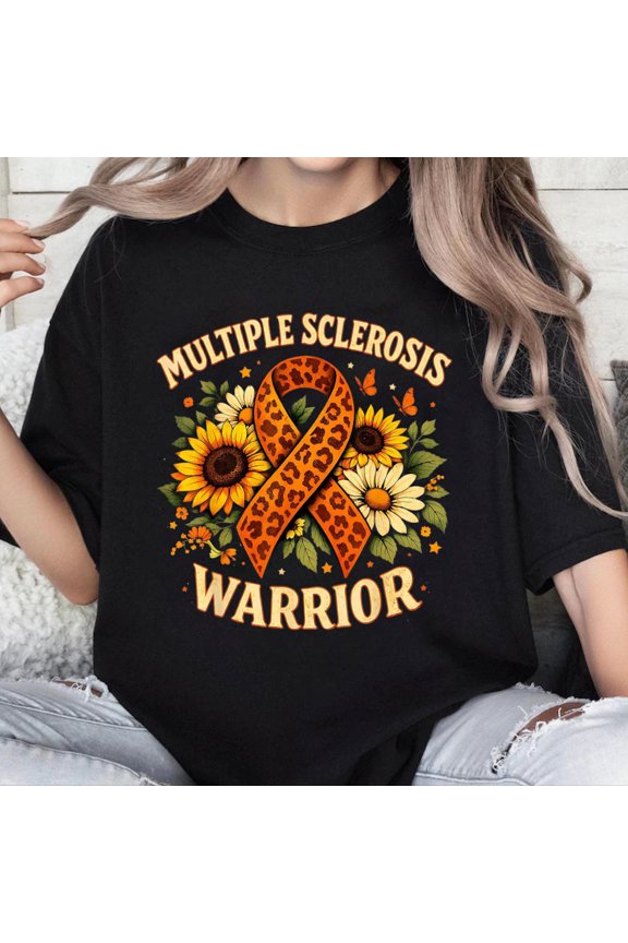 100% Cotton Unisex Ms Awareness Sunflower Leopard Ribbon Multiple Sclerosis T-Shirt