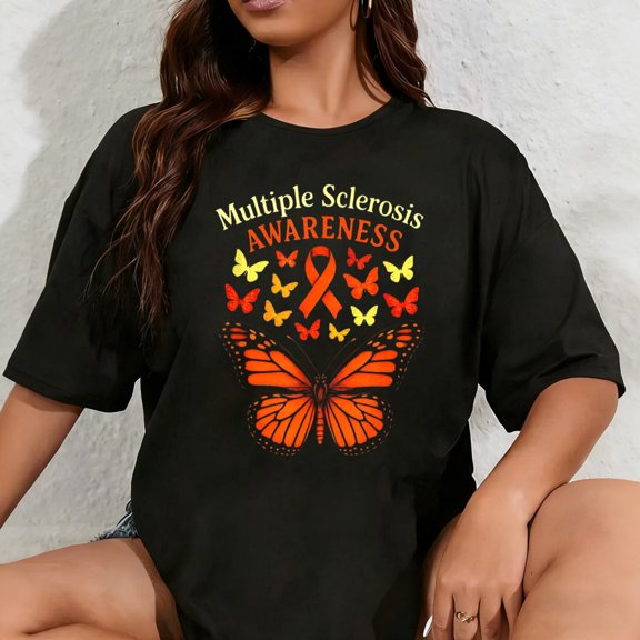 100% Cotton Unisex Multiple Sclerosis Awareness - Orange Ribbon Butterflies T-Shirt