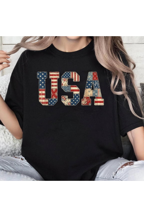 100% Cotton Unisex Patriotic USA Patchwork Vintage Americana Quilt 4th of July T-Shirt