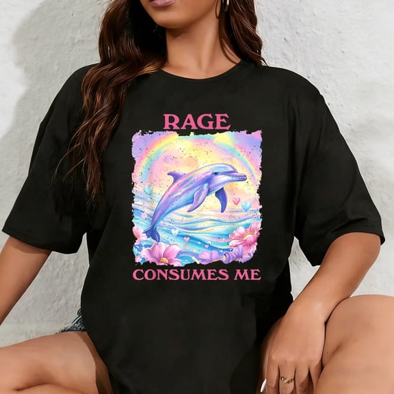 100% Cotton Unisex Rage Consumes Me Retro Funny Dolphin Meme Weird T-Shirt
