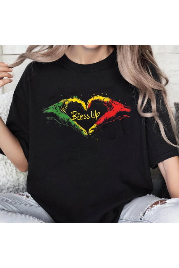 100% Cotton Unisex Rasta Reggae Music Jah Bless Up Hand Heart Rastafari T-Shirt
