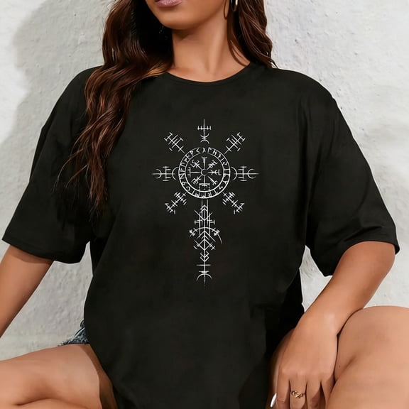 100% Cotton Unisex Retro Viking Symbol Compass Vegvisir Nordic Rune Celtic T-Shirt