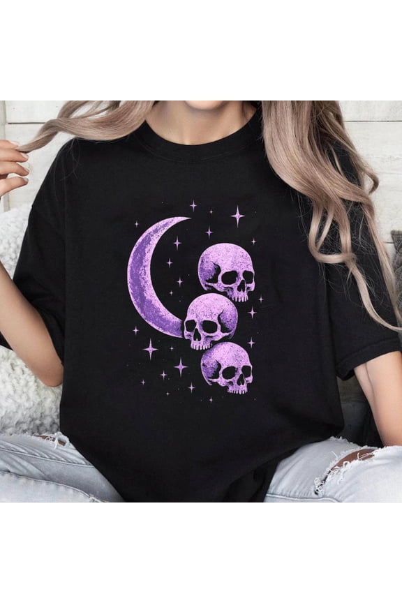 100% Cotton Unisex Skulls Moon Pastel Goth Witchy Occult Purple Alt Starry Pink T-Shirt