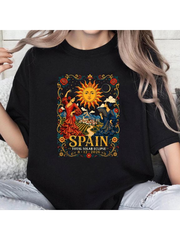 100% Cotton Unisex Spain Total Solar Eclipse 2026 August Flamenco Astronomy Art T-Shirt