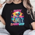 thumbnail image 1 of 100% Cotton Unisex Summer Watermelon Jack-o-lantern Happy Summerween Skeleton T-Shirt, 1 of 5