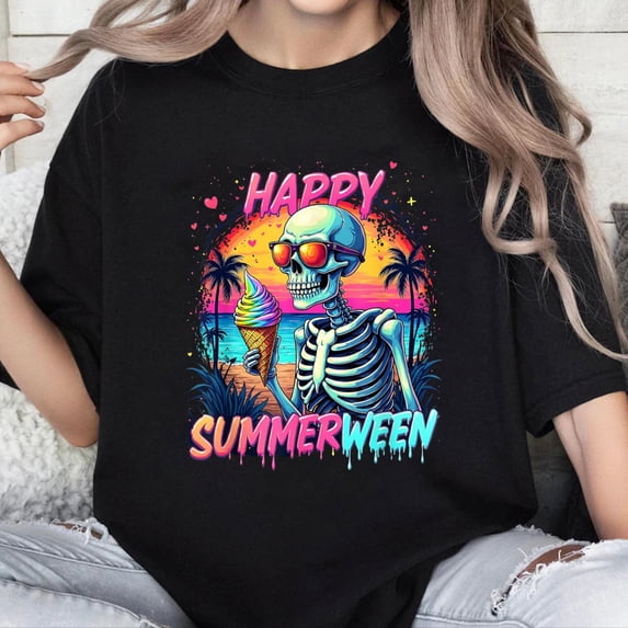 100% Cotton Unisex Summer Watermelon Jack-o-lantern Happy Summerween Skeleton T-Shirt