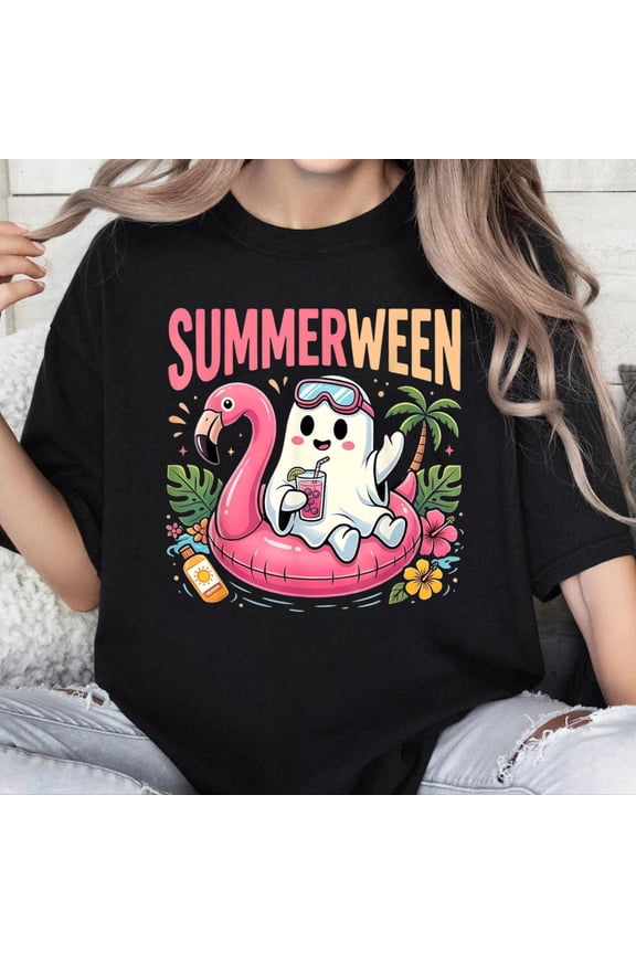 100% Cotton Unisex Summerween Funny Ghost Halloween Summer Floral Women T-Shirt
