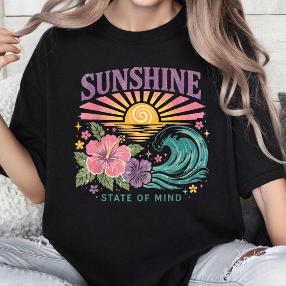 100% Cotton Unisex Sunshine State of Mind Retro Hawaiian Floral Beach Summer T-Shirt