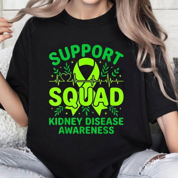 100% Cotton Unisex Support Squad Green Ribbon Kidney Disease Awareness CKD Hope T-Shirt