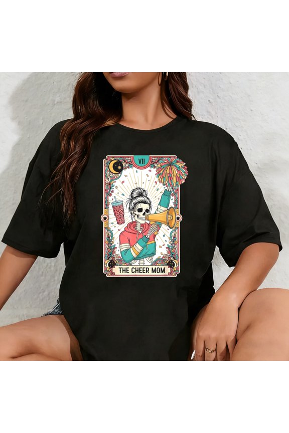 100% Cotton Unisex Tarot Card Gothic Cheer Mom Skeleton Funny Cheerleader Mama T-Shirt